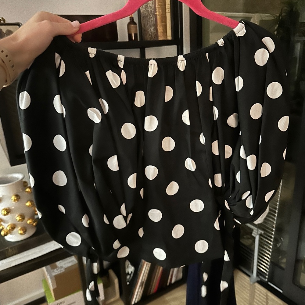 Caroline Constas Polka Dot Off Shoulder Puff Sleeve Top XS Chic Classic